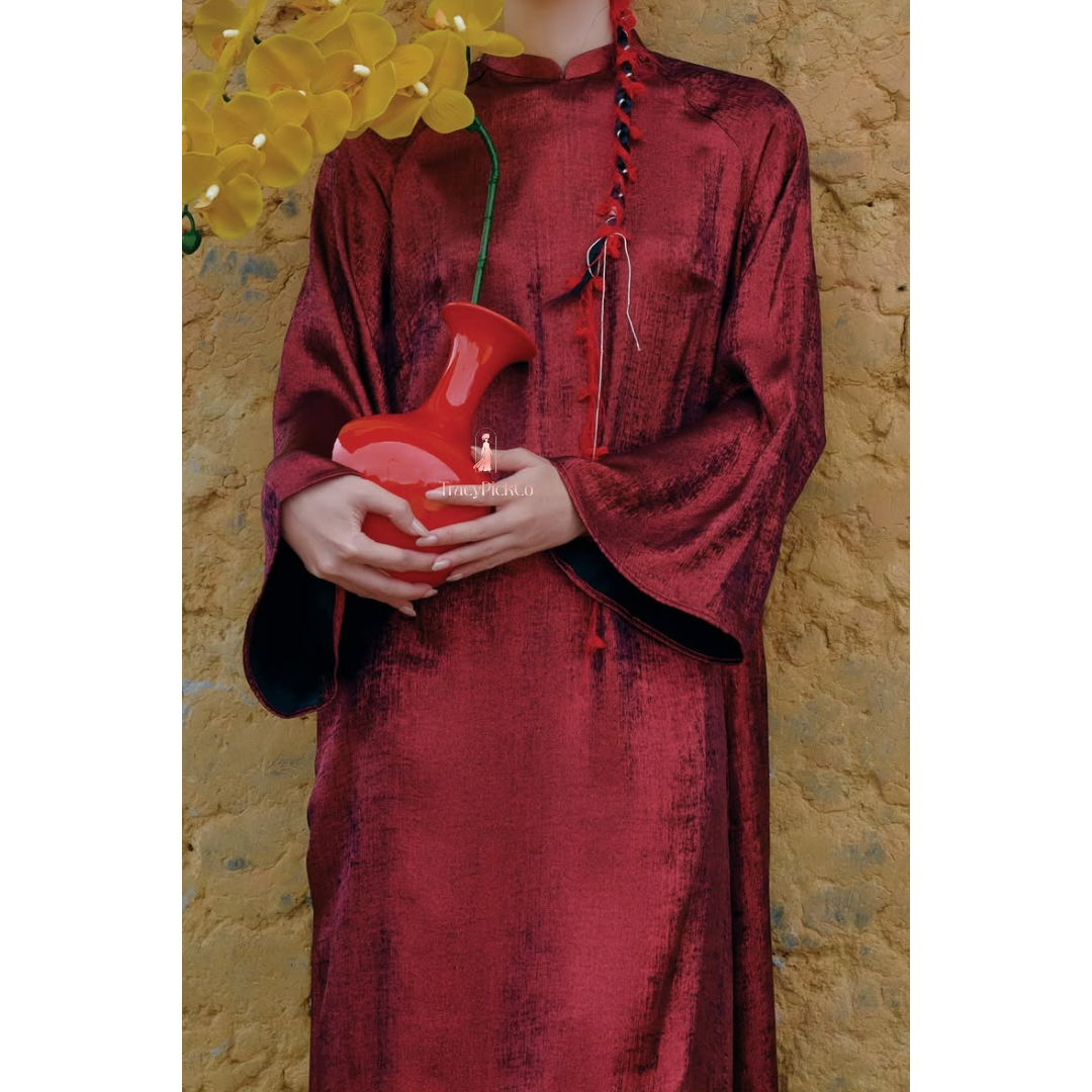 Modern Ao Dai Women Red Velvet Sparkle Long Sleeves