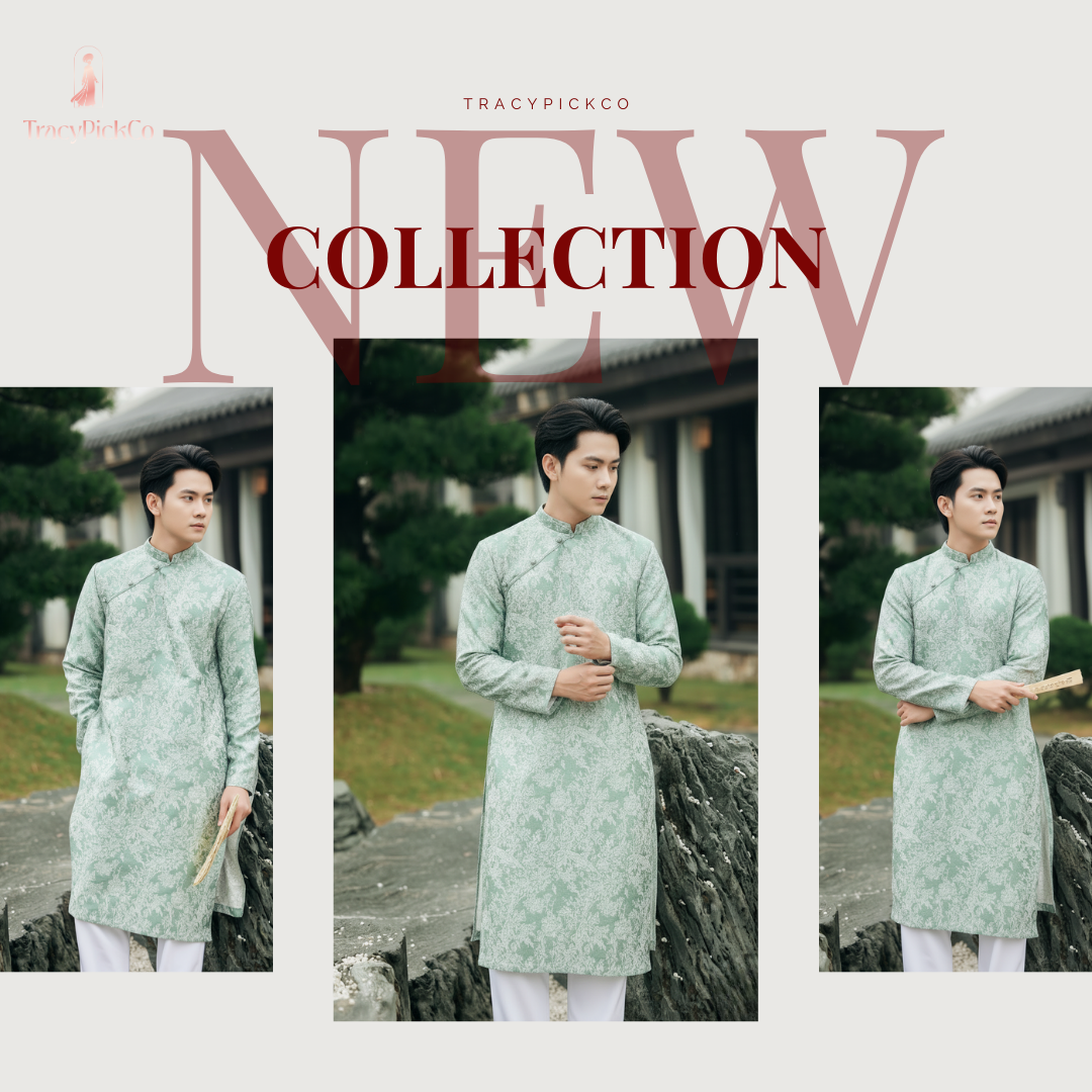 Ao Dai Men Embroidered Fabric Tafta Light Green