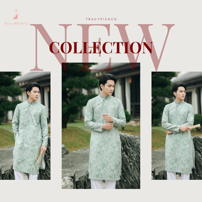 Ao Dai Men Embroidered Fabric Tafta Light Green