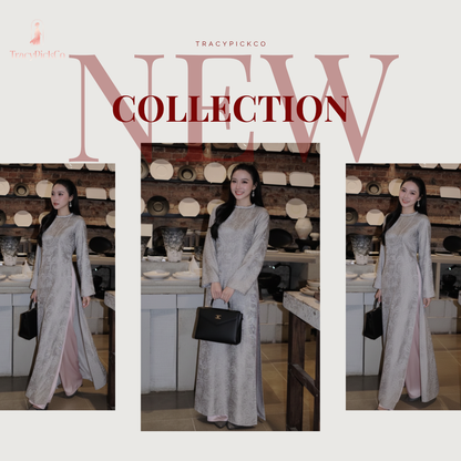 Ao Dai Women Vietnamese Modern Floral Brocade Gray Premium Hand-embellished Collar