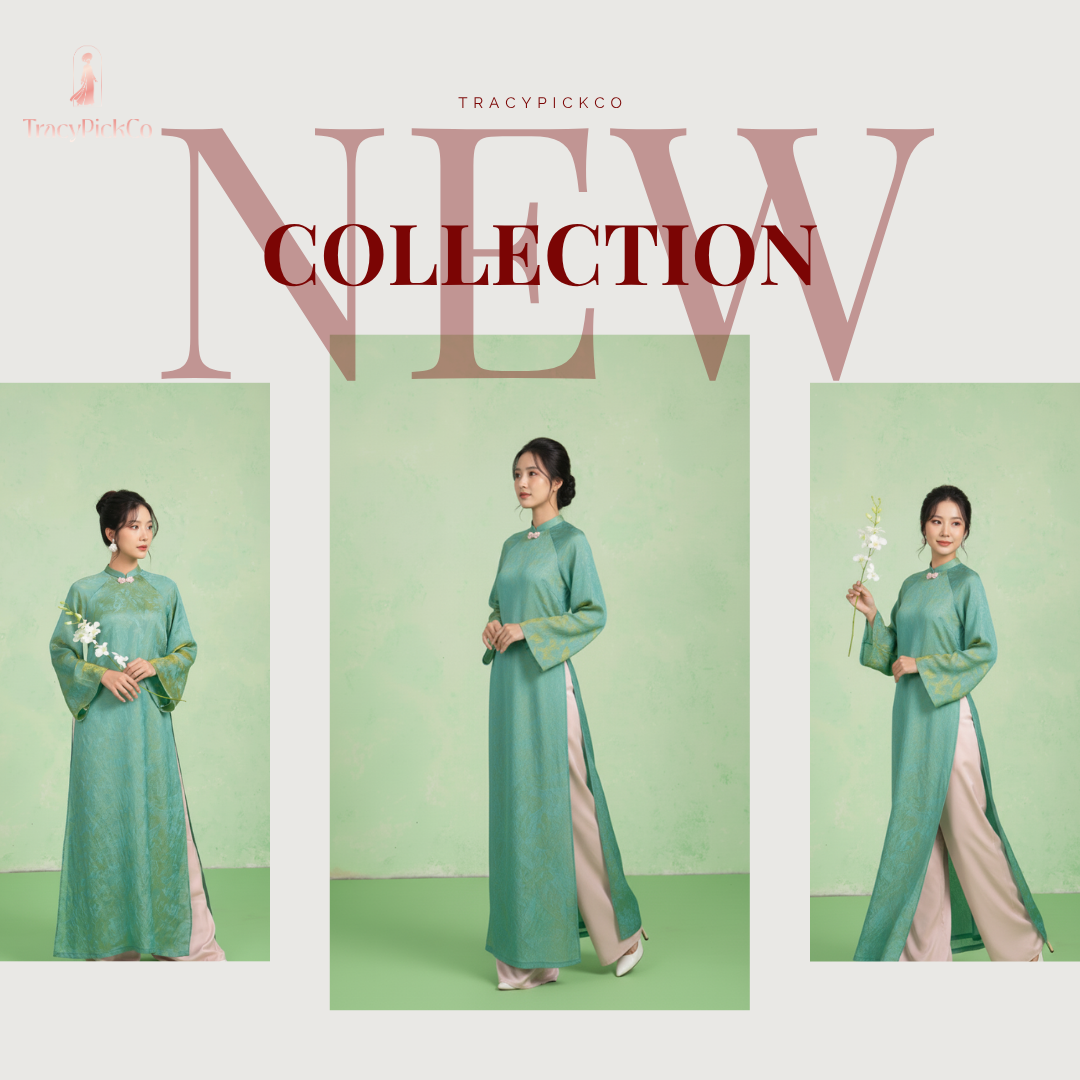 Modern Ao Dai Women Green Brocade Silk Straight Fit Bow Collar