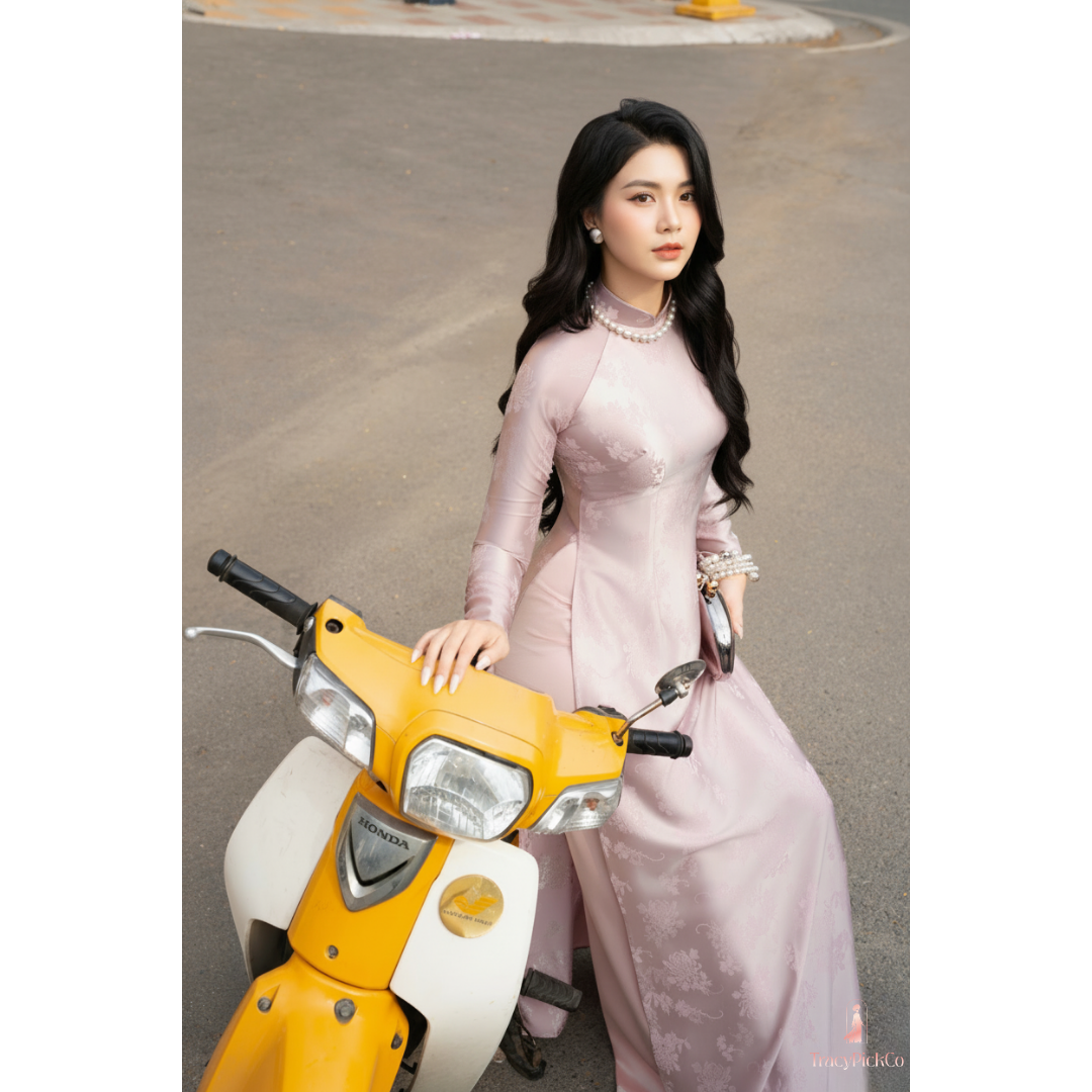 Plus Size Traditional Vietnamese Pink Ao Dai Dress Silk Brocade