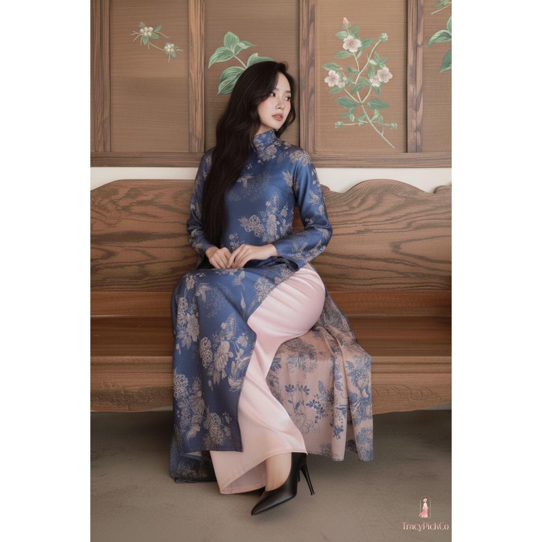 A woman sits on a wooden bench wearing a traditional Vietnamese (áo dài) in blue with a floral pattern and a light pink skirt. The background features wooden screens with painted floral designs.