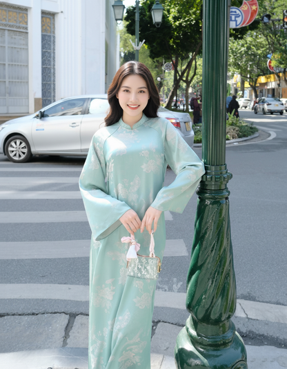 Mint Crane Brocade Plus Size Ao Dai