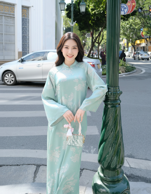 Mint Crane Brocade Plus Size Ao Dai