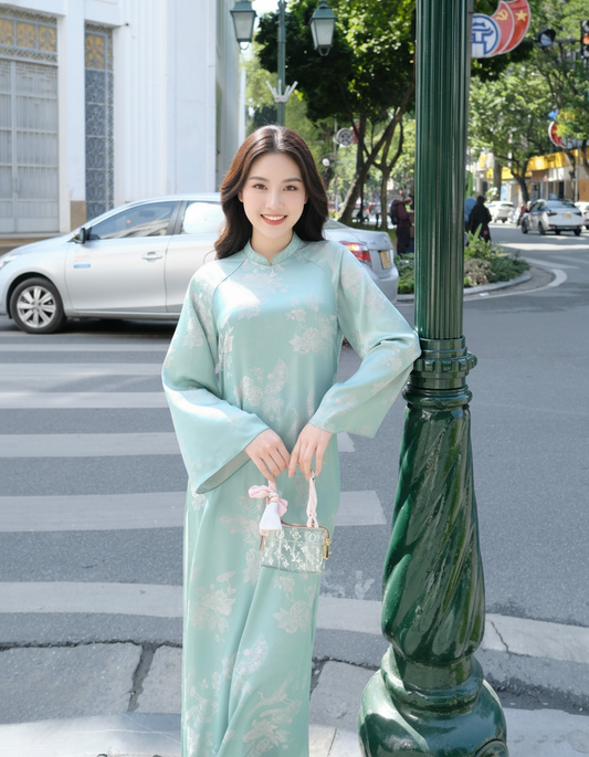 Mint Crane Brocade Plus Size Ao Dai