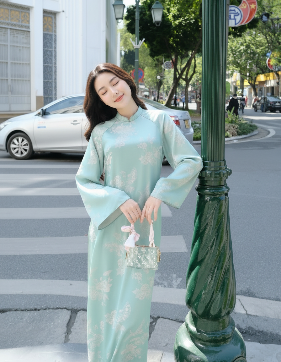 Mint Crane Brocade Plus Size Ao Dai
