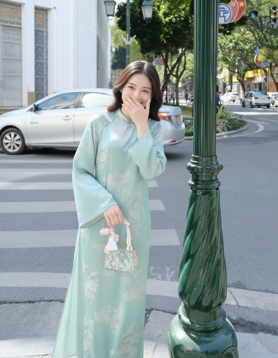 Mint Crane Brocade Plus Size Ao Dai