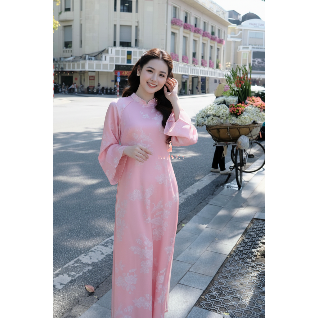 Pink Crane Brocade Plus Size Ao Dai