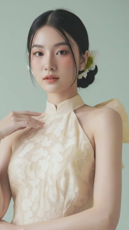 Beige Silk Jacquard Halter Ao Dai